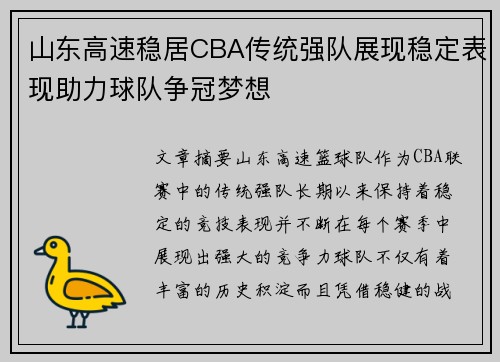 山东高速稳居CBA传统强队展现稳定表现助力球队争冠梦想